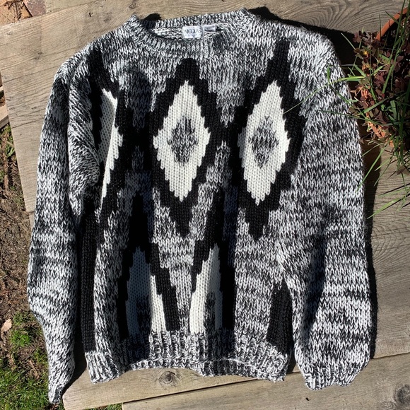 Vintage black white gray chevron chunky knit crewneck oversized grandpa sweater - Picture 12 of 16